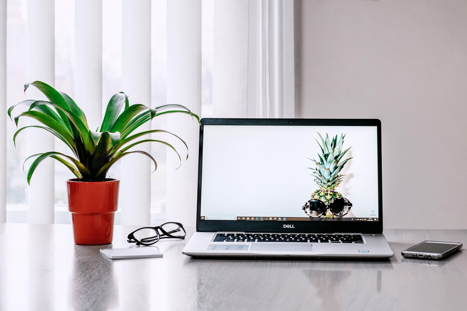 Escritorio tecnológico con portátil, smartphone y planta, reflejando la integración de dispositivos y el soporte táctil optimizado para Windows 11.