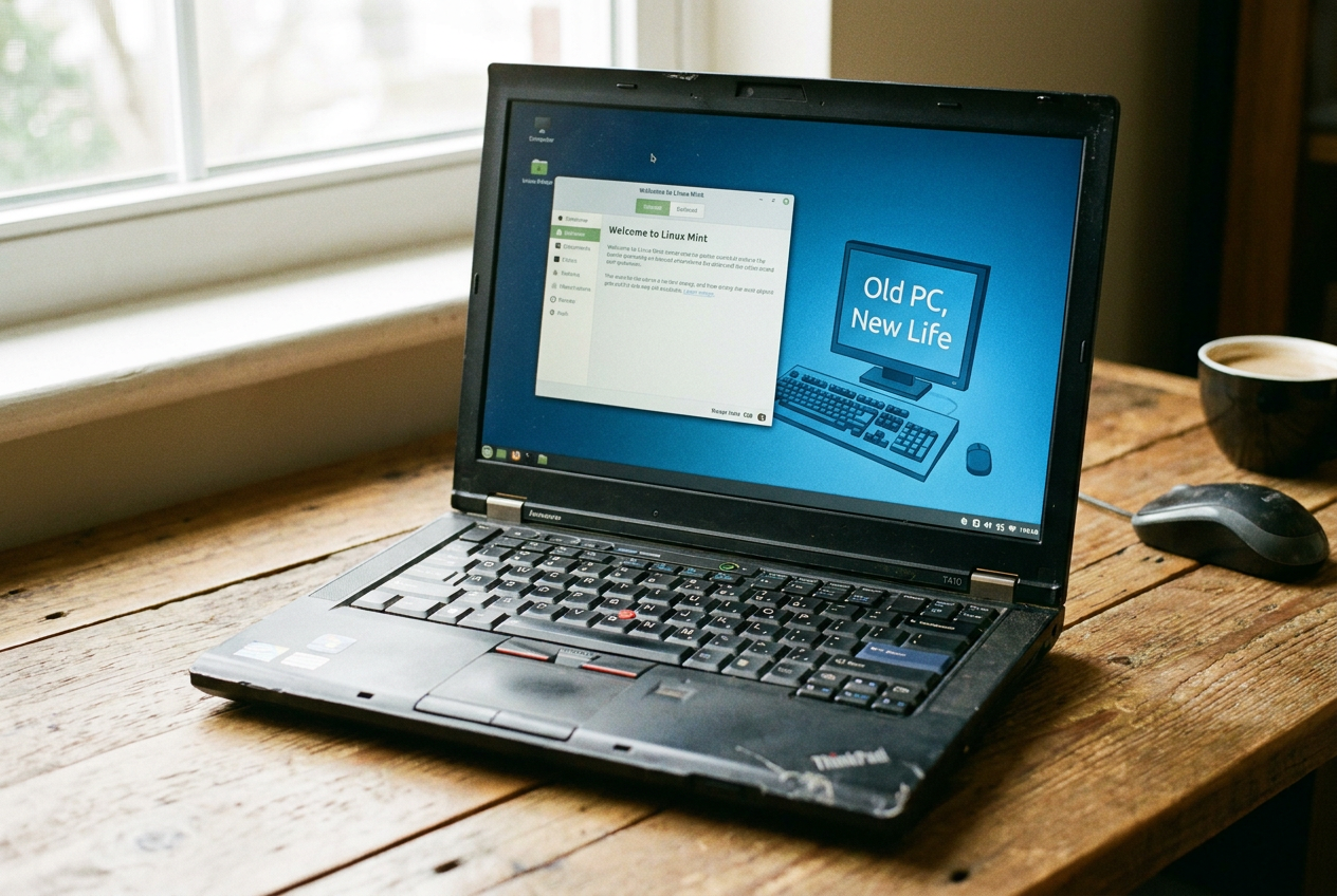 Un ordenador portátil antiguo siendo revitalizado con una interfaz moderna de Linux.