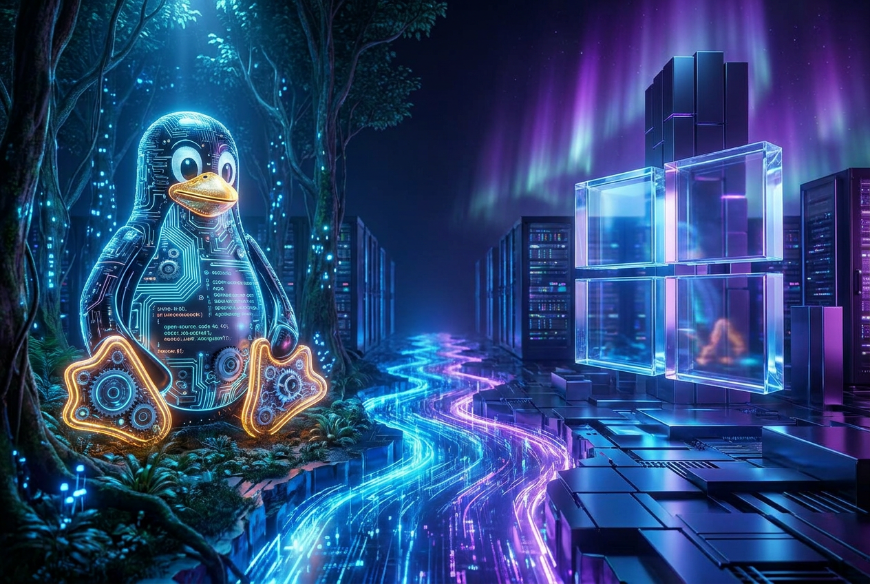 Comparativa conceptual entre Linux y Windows 11 con un diseño futurista y digital.