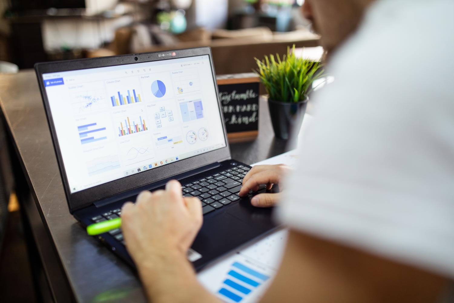 Persona trabajando en el análisis de datos mediante gráficos y tablas en la pantalla de un portátil.