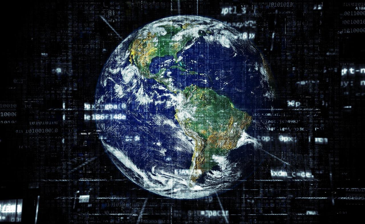 Ilustración de la Tierra digital rodeada de redes de datos, representando el funcionamiento global del sistema DNS.