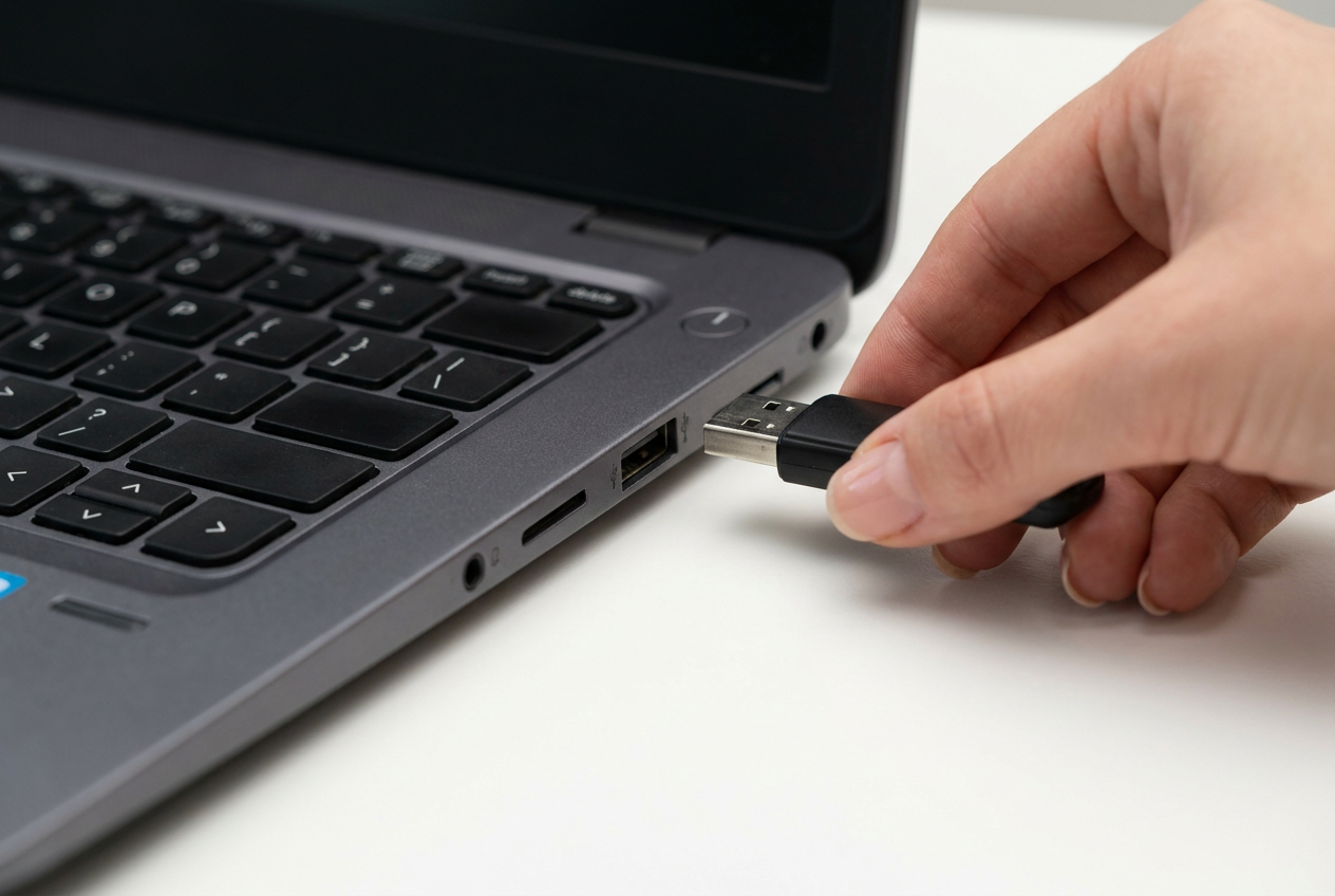 Primer plano de una mano insertando una memoria USB en un ordenador portátil PC, representando el proceso de creación de un medio de instalación para actualizar Windows 11.