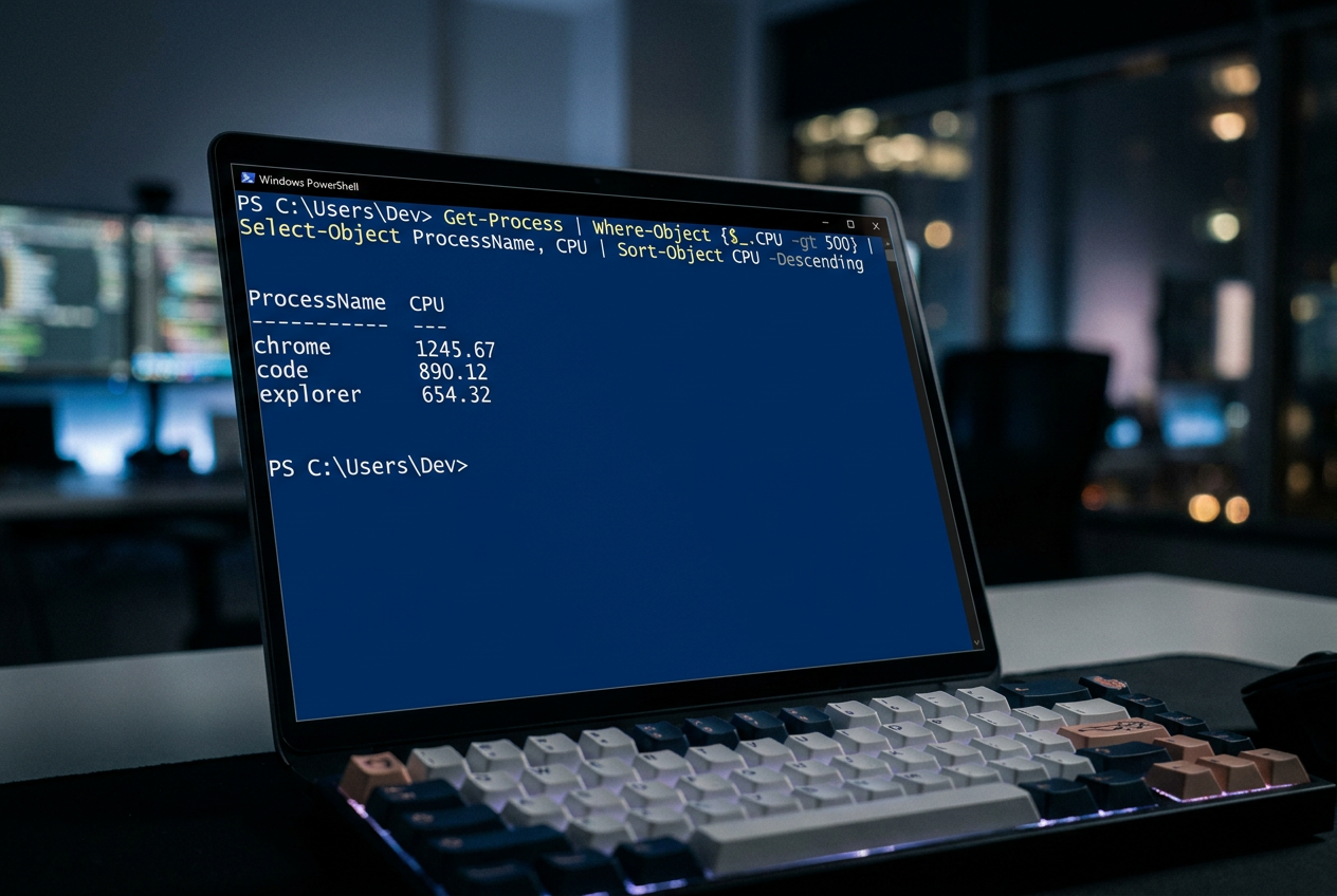 Pantalla de portátil moderna mostrando una terminal de Windows PowerShell con su característico fondo azul y texto blanco en un entorno de oficina iluminado.