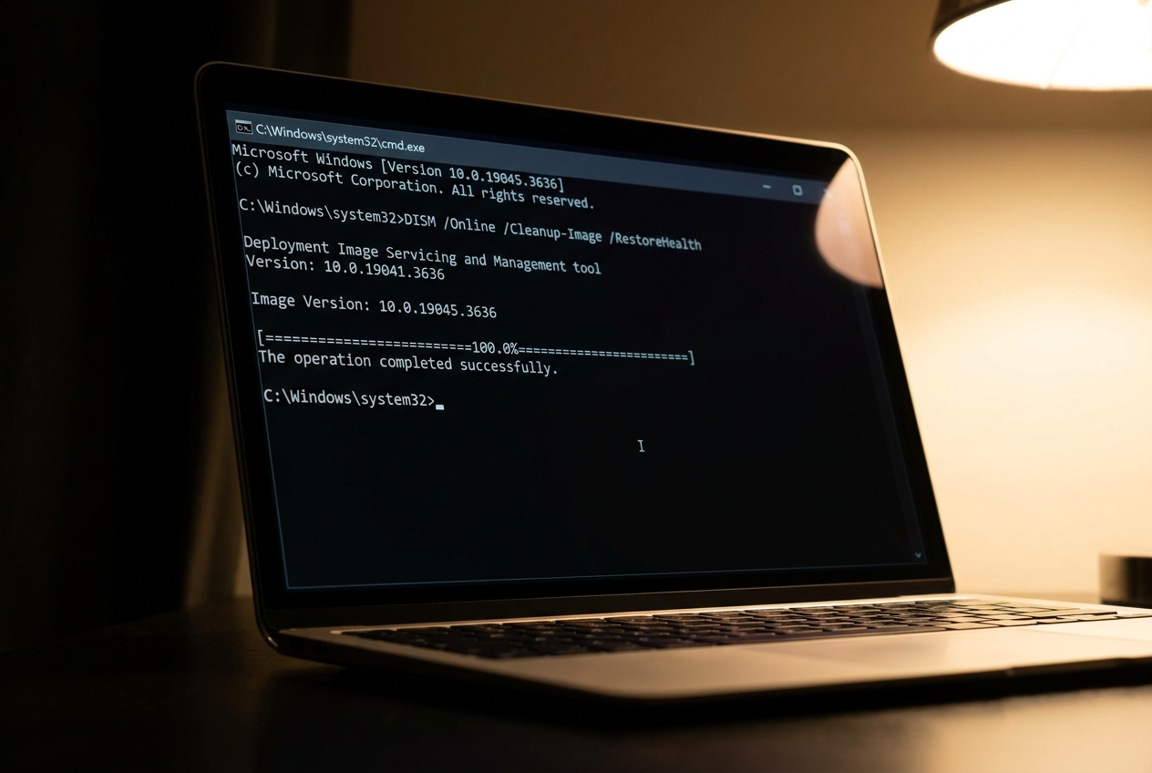 Primer plano de una pantalla de portátil ejecutando el comando DISM en el Símbolo del Sistema de Windows.