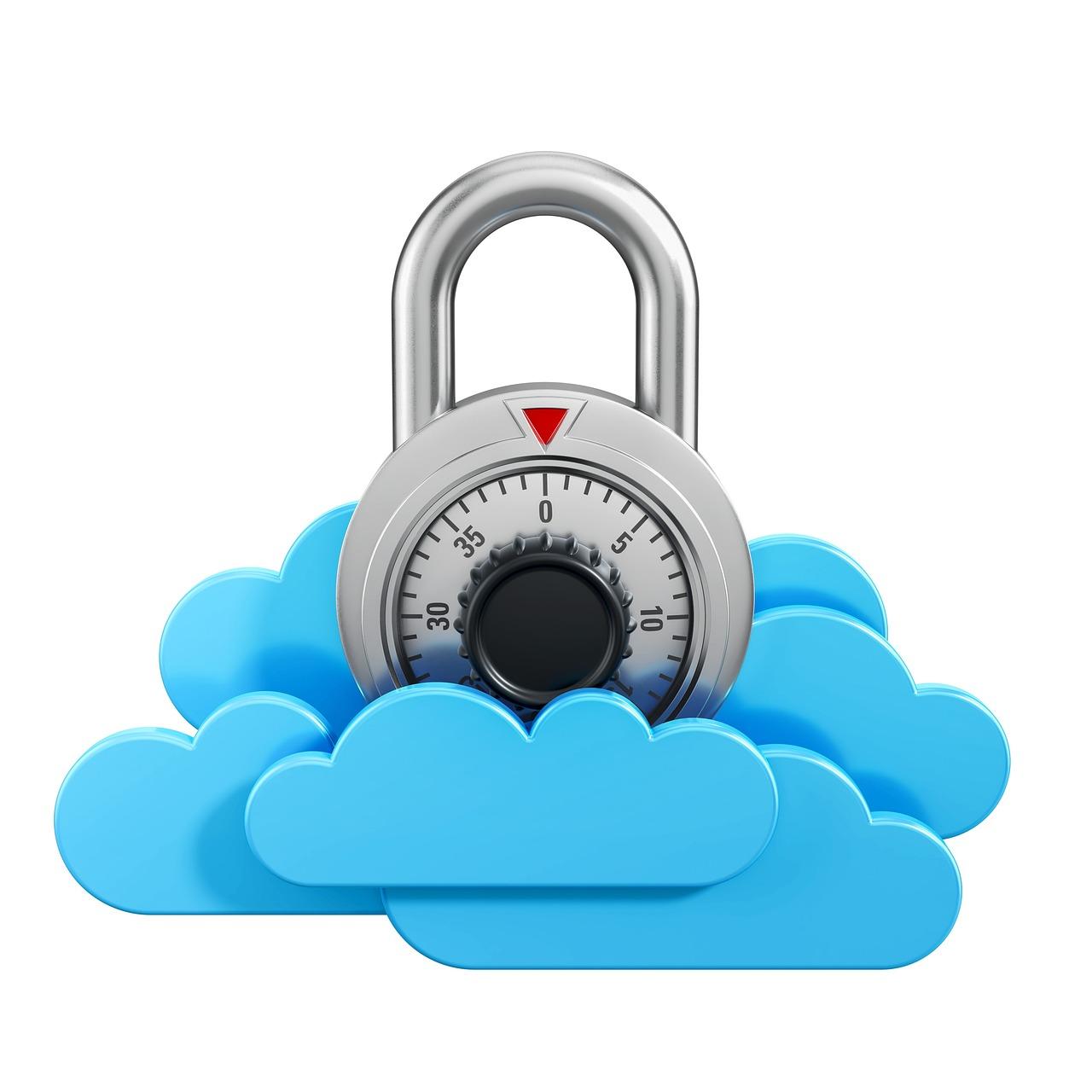 Ilustración de un candado metálico sobre una nube azul, simbolizando el cifrado de extremo a extremo y la seguridad de la información en la nube.