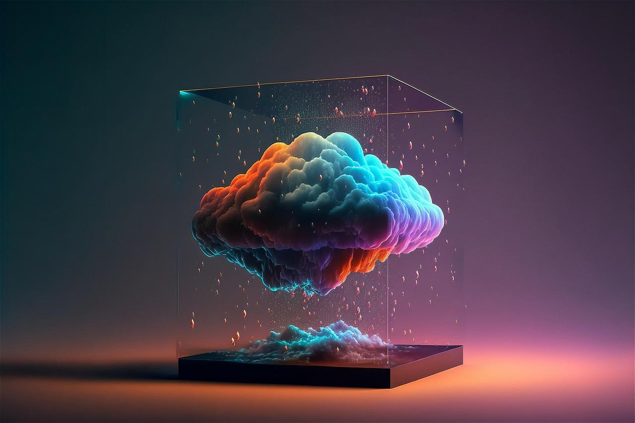 Representación conceptual 3D de una nube digital transfiriendo datos automáticamente hacia un servidor seguro, ideal para ilustrar el backup automático.