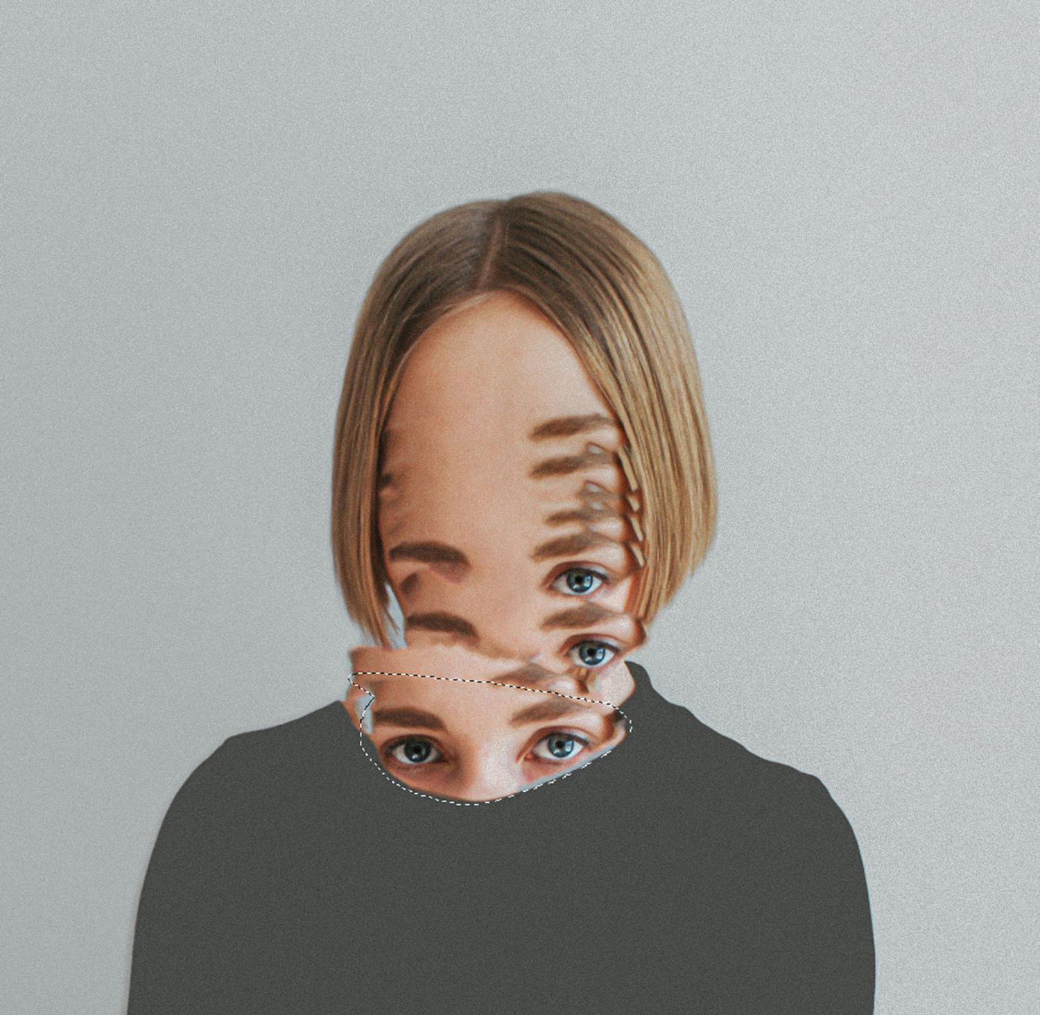 Retrato surrealista con capas superpuestas en el rostro y una línea de selección digital, representando la manipulación fotográfica y la edición por IA.