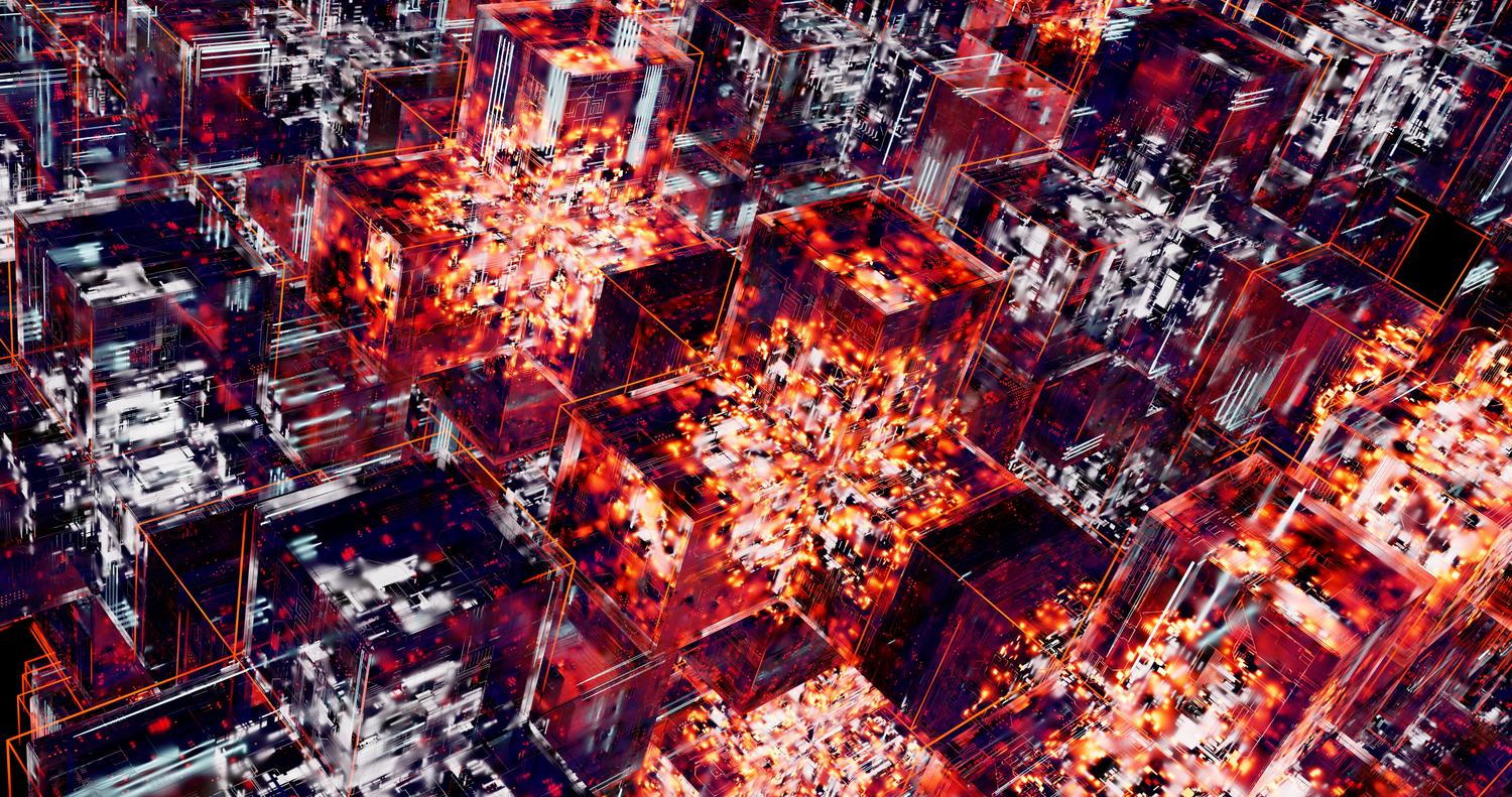 Representación abstracta de cubos digitales interconectados con luces LED, simbolizando la cadena de bloques o blockchain.
