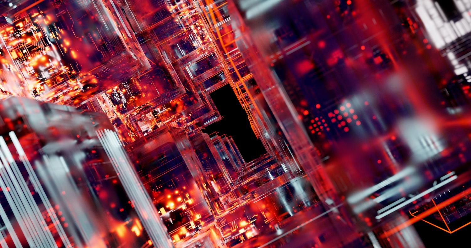 Circuitos digitales abstractos con efectos brillantes, representando la velocidad y eficiencia del procesamiento de IA.