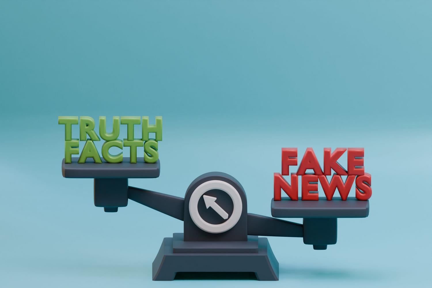 Ilustración 3D de una balanza comparando la verdad frente a las noticias falsas, representando el riesgo de la desinformación y los deepfakes.